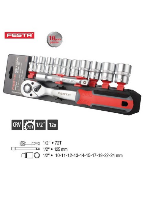 Lev Festa dugókulcs készlet, racsnis hajtókarral 12 részes, 1/2˝, 10-24mm, 72 fog, CrV