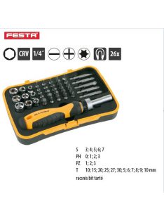   Lev Festa bit csavarhúzó készlet 45 részes, FL, PH, PZ, H, T, SQ, 1/4˝ mágneses, CrV