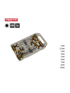   Lev Festa T-csavarhúzó imbusz készlet, 9 részes, hatlapú, 2, 2.5, 3, 4, 5, 6, 7, 8, 10mm, CrV, műanyag dobozban