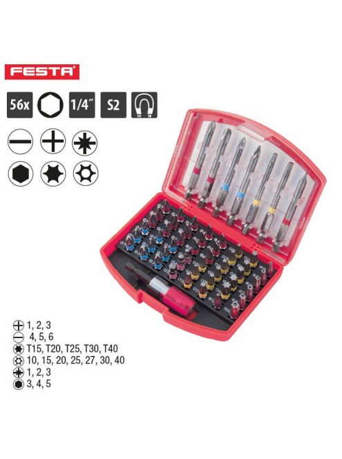 Lev Festa bit és adapter készlet 56 részes, 1/4˝hatlapú, S2, mágneses