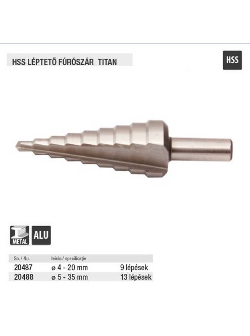 Lev léptető fúrószár DIN 1412C HSS 4-20mm 9 lépcsős, ALU, fém, műanyag
