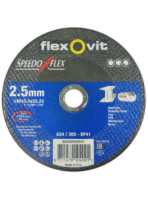 Flexovit Speedoflex vágókorong 180x2,5x22,2mm, BF41, fém-inox