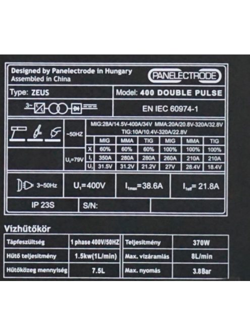Panelectrode ZEUS 400 Double Pulse vízhűtéses inverteres hegesztőgép